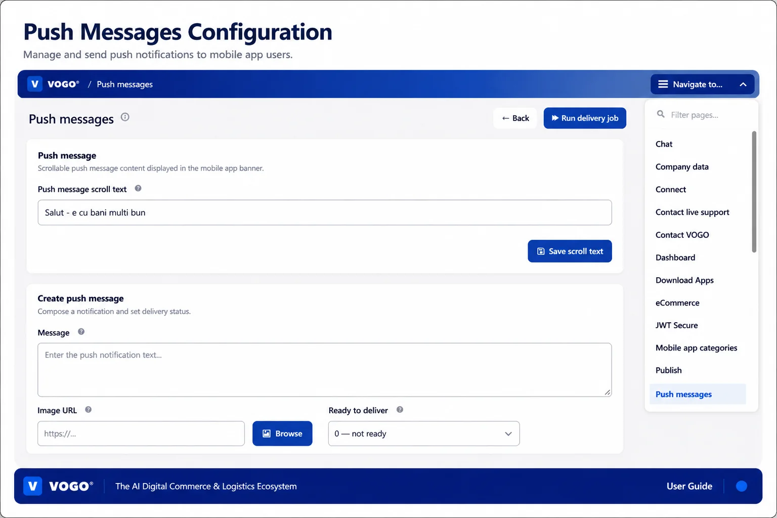 Push messages — interfață de configurare